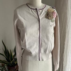 Beth Bowley Women’s Large Cardigan Sweater Cream Silk Blend Floral Embroidered